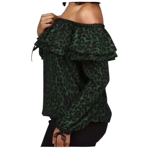 Michael Kors Green Cheetah Animal Print Off the Shoulder Ruffle Top 1X 2X READ - Picture 4 of 14